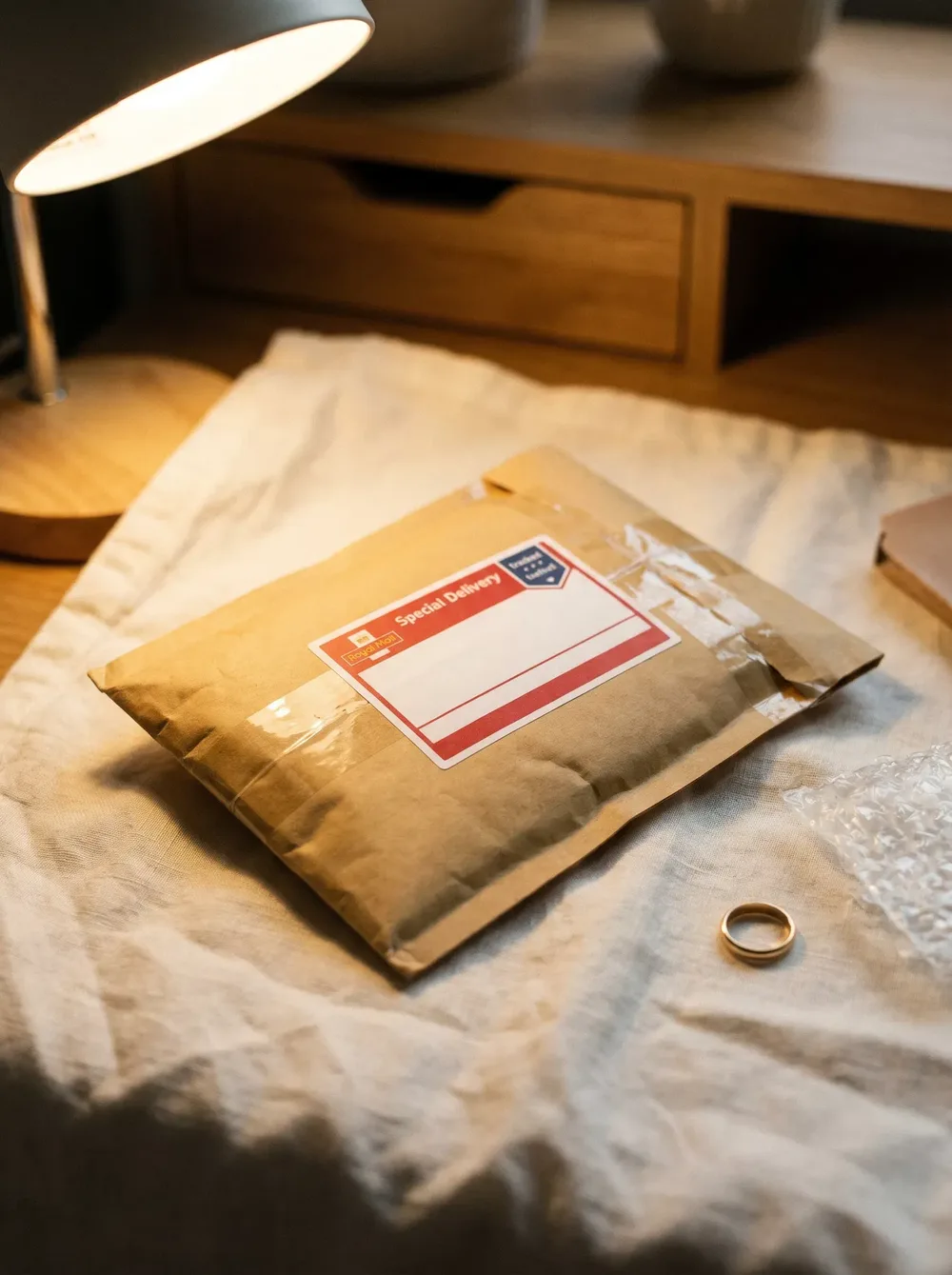 A wrapped GoldPaid parcel with a Royal Mail Special Delivery label